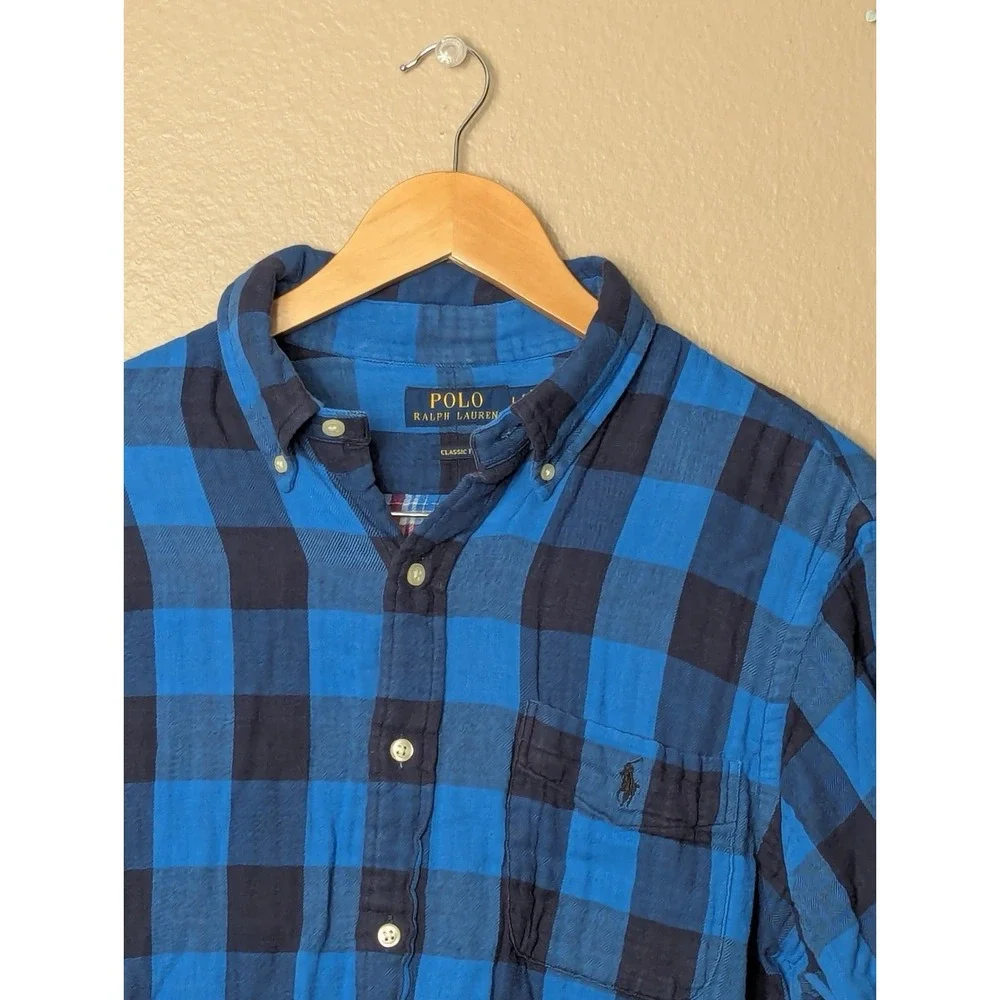 Polo Ralph Lauren Plaid Button Down Shirt Blue‎ Classic Fit Cotton Mens L
